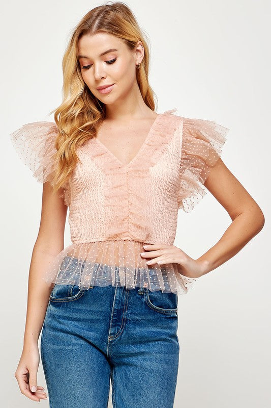 Dotted Tulle Ruffle Top