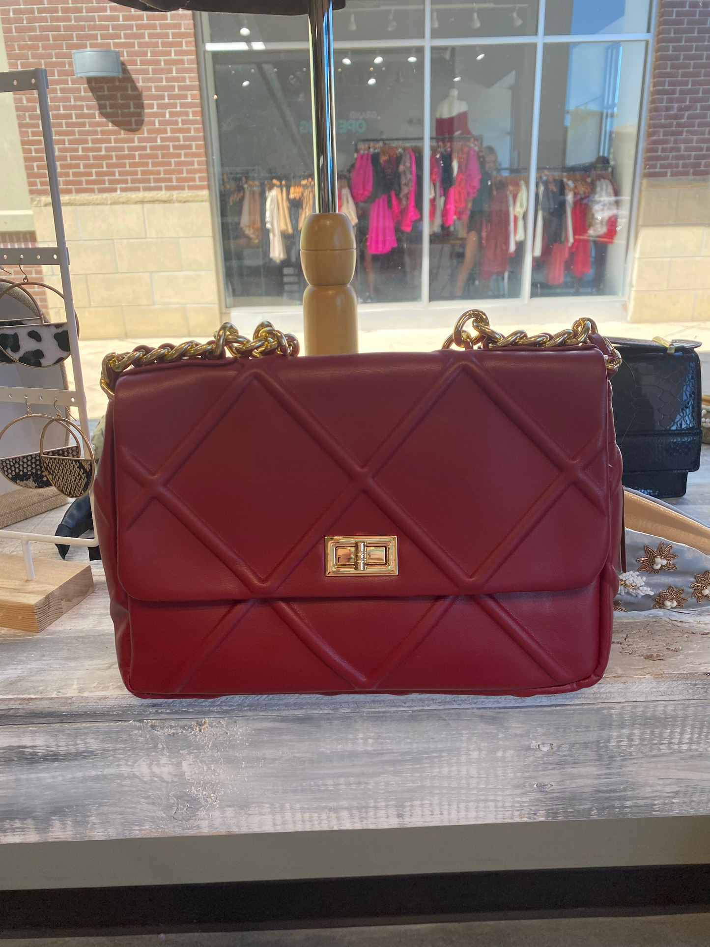 Red Faux Leather Chain Crossbody Bag